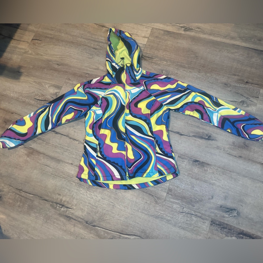 Athleta Limited glacier softshell fleece jacket in retro pattern zip Medium EUC‎